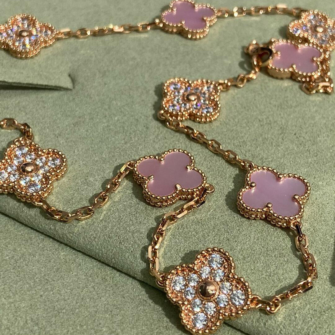 [Amore]CLOVER 10 MOTIFS DIAMOND PINK MOP NECKLACE