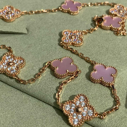 [Amore]CLOVER 10 MOTIFS DIAMOND PINK MOP NECKLACE