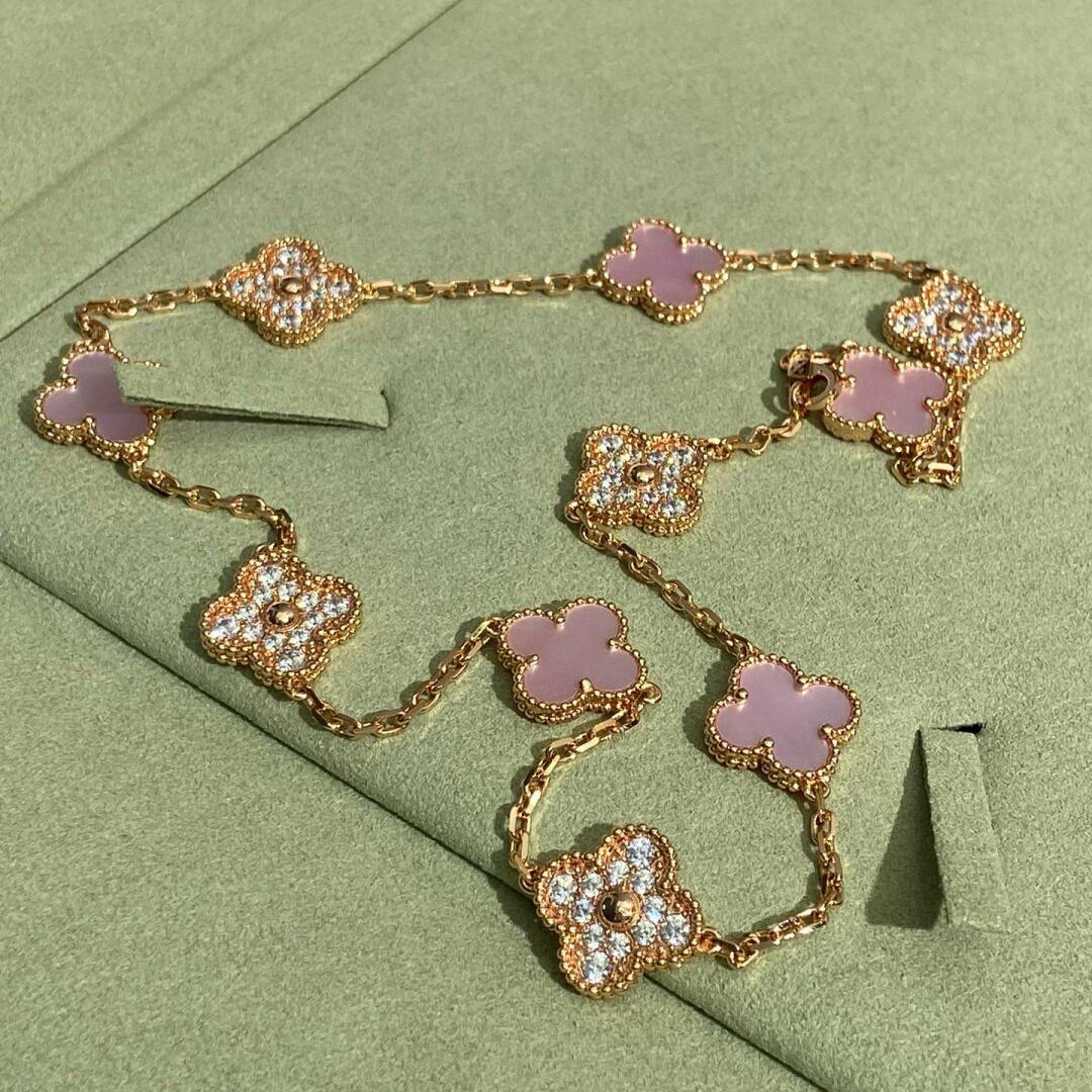 [Amore]CLOVER 10 MOTIFS DIAMOND PINK MOP NECKLACE