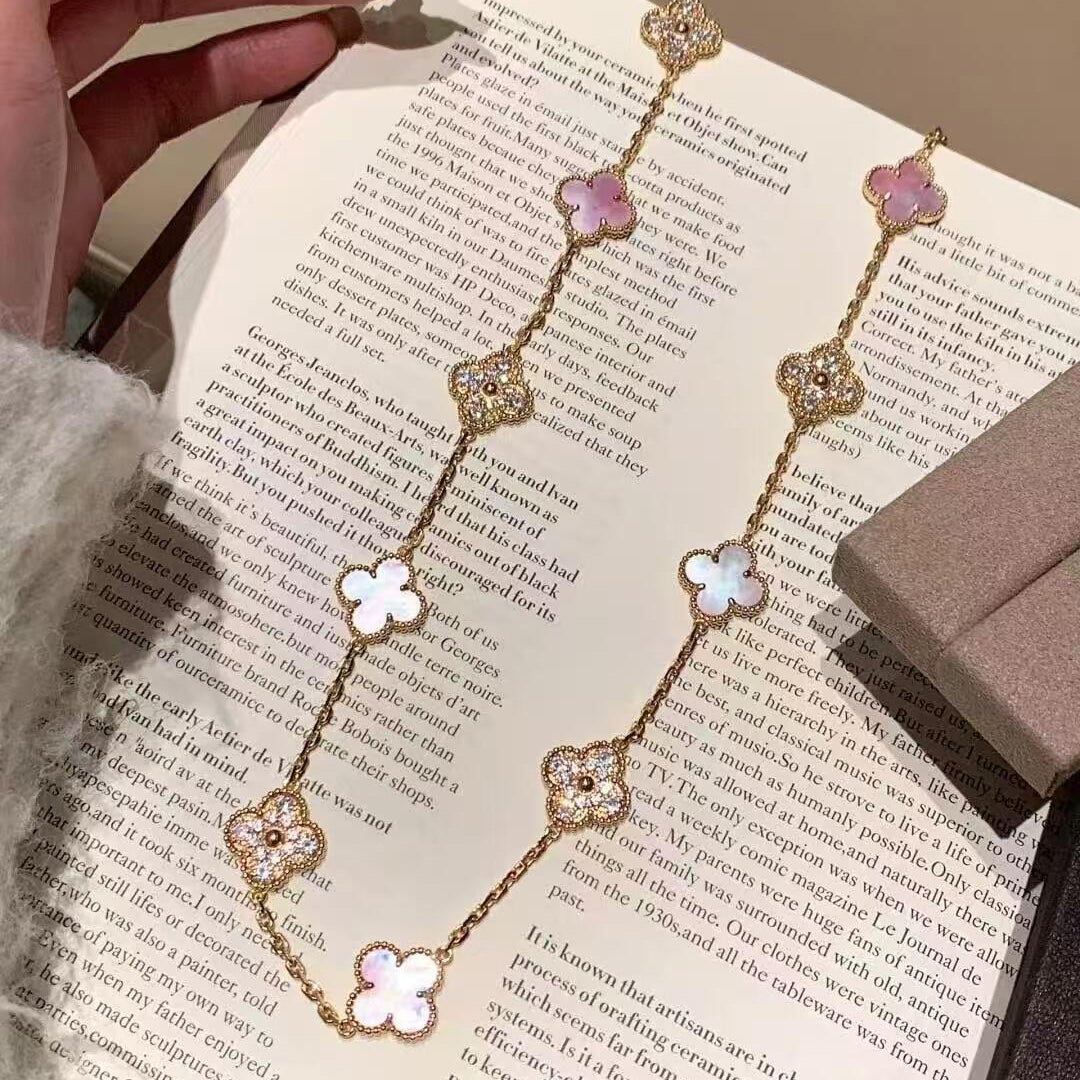 [Amore]CLOVER 10 MOTIFS DIAMOND PINK MOP NECKLACE