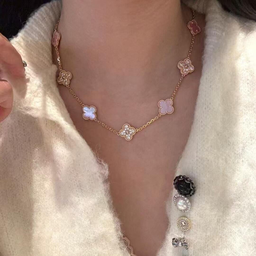 [Amore]CLOVER 10 MOTIFS DIAMOND PINK MOP NECKLACE