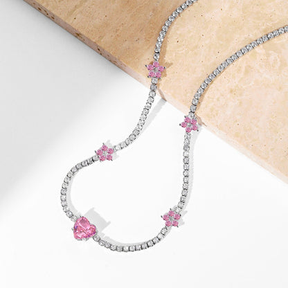 [Amore]Dazzling Pink Heart Flower Necklace