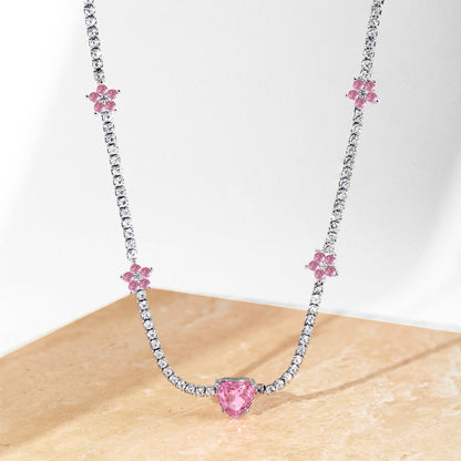 [Amore]Dazzling Pink Heart Flower Necklace