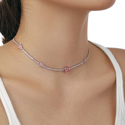 [Amore]Dazzling Pink Heart Flower Necklace