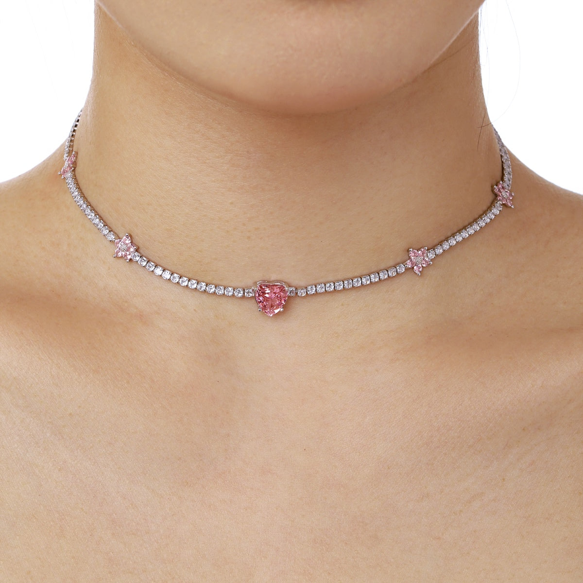 [Amore]Dazzling Pink Heart Flower Necklace