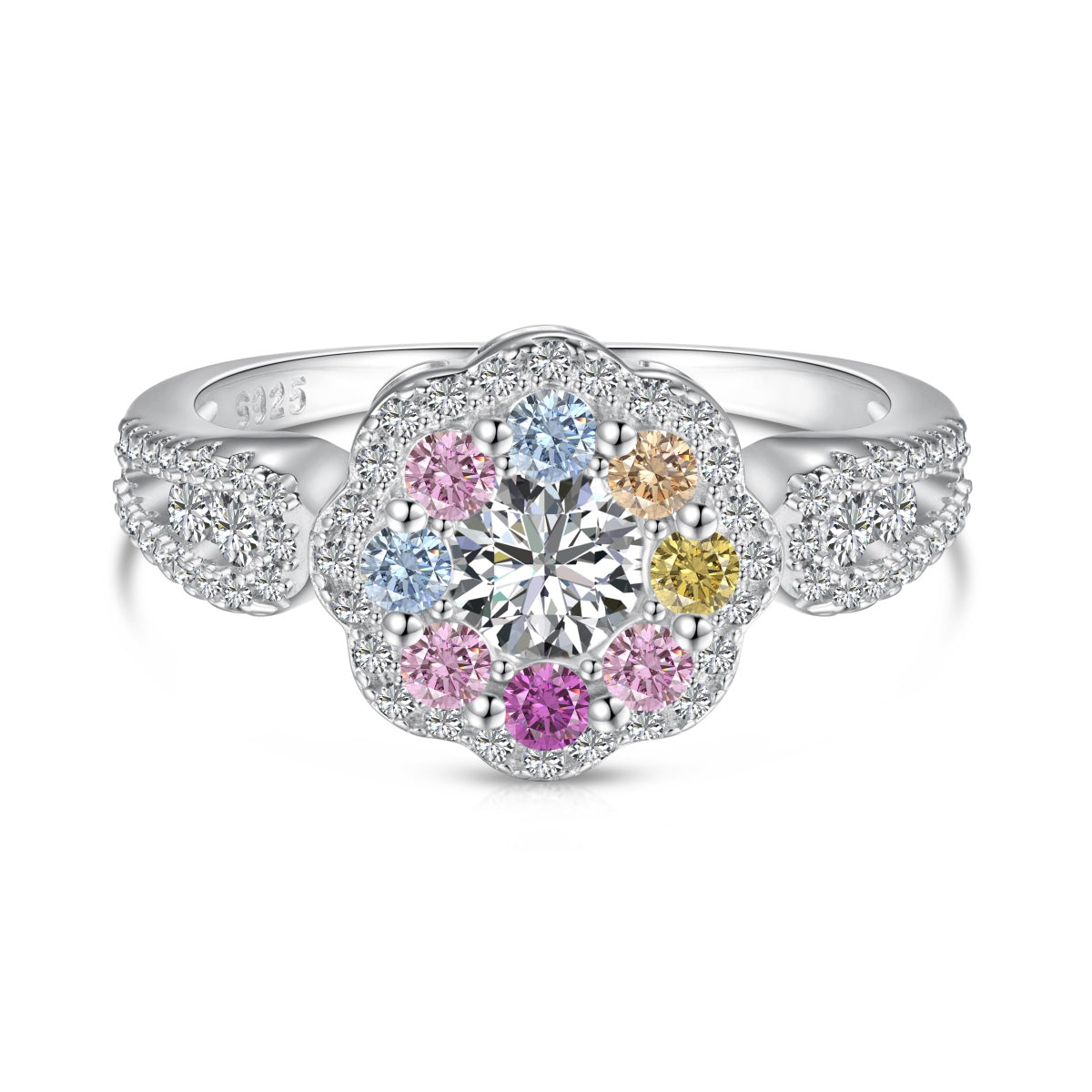 [Amore]Delicate Colorful Round Cut Flower Shape Wedding Ring