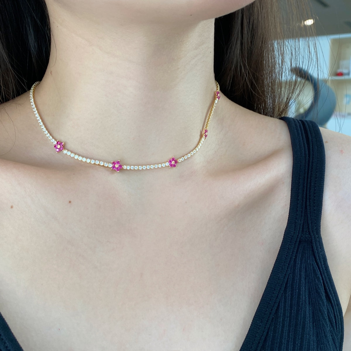 [Amore]Luxurious Colorful Flower Tennis Necklace