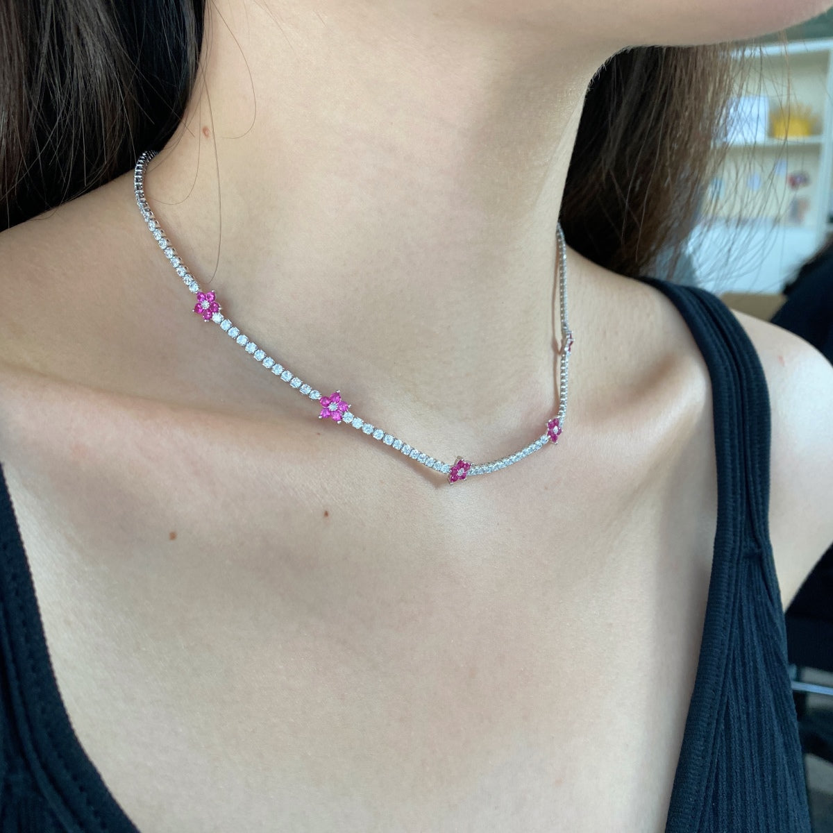 [Amore]Luxurious Colorful Flower Tennis Necklace