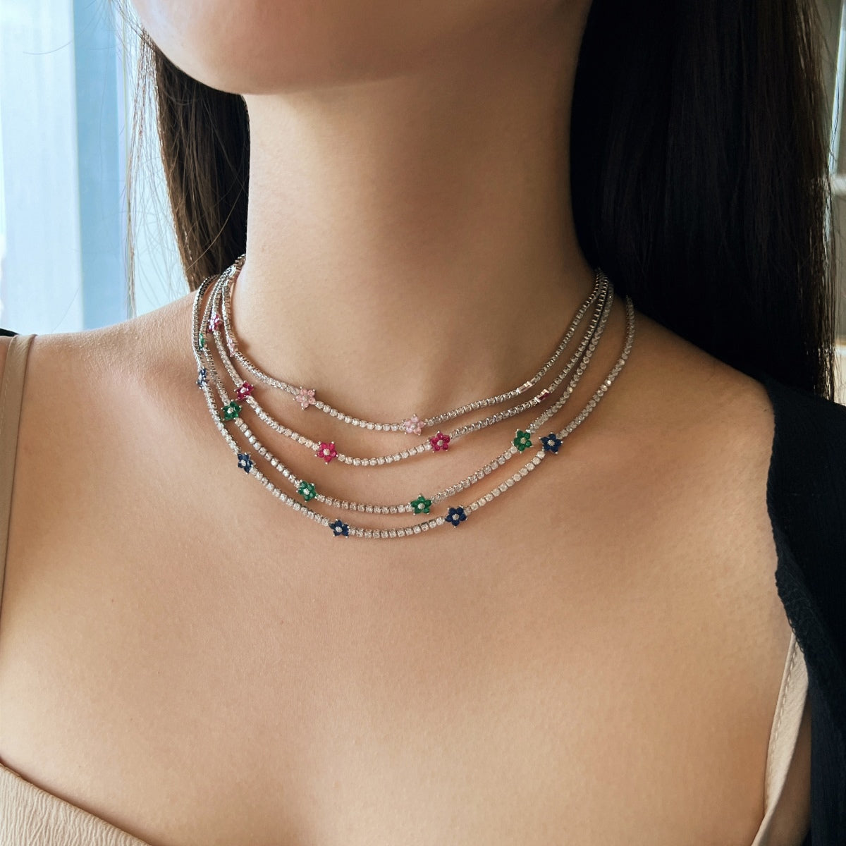 [Amore]Luxurious Colorful Flower Tennis Necklace