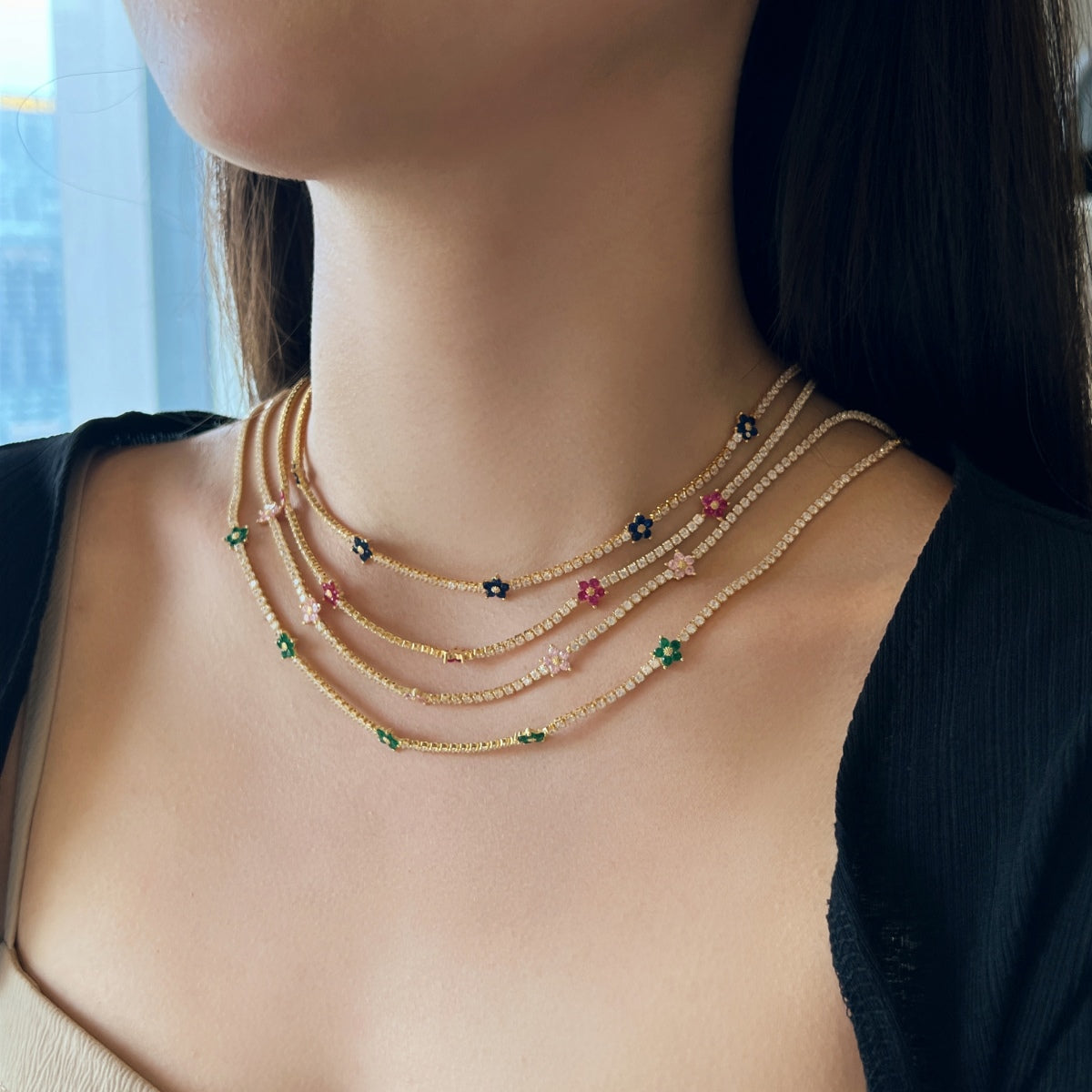 [Amore]Luxurious Colorful Flower Tennis Necklace