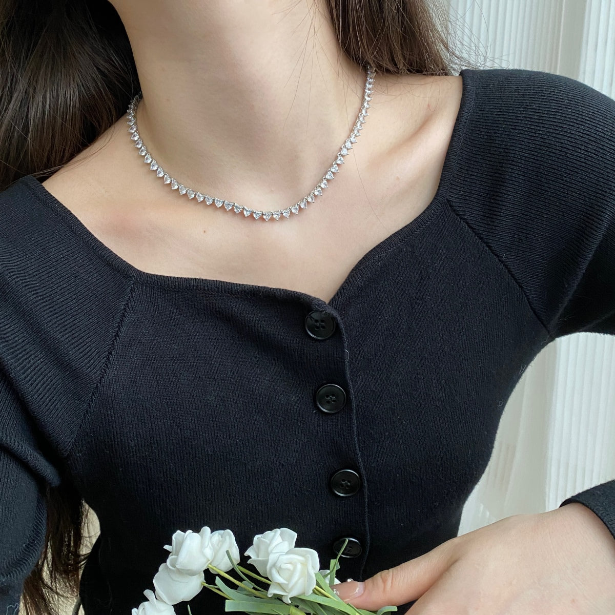 [Amore]Ornate Heart Cut Tennis Necklace