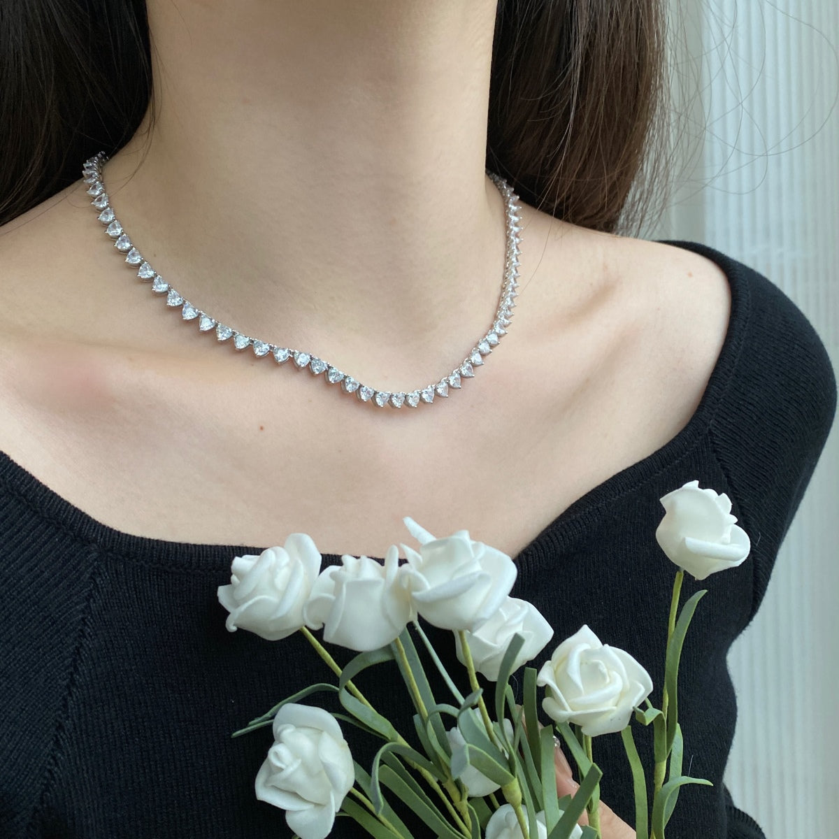 [Amore]Ornate Heart Cut Tennis Necklace