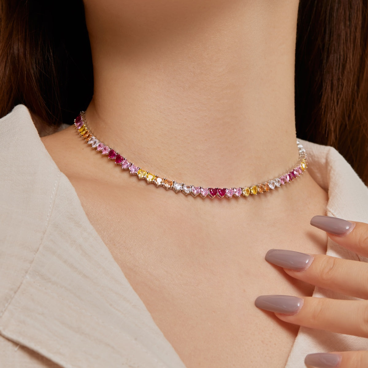 [Amore]Sparkling Colorful Full Heart Tennis Necklace