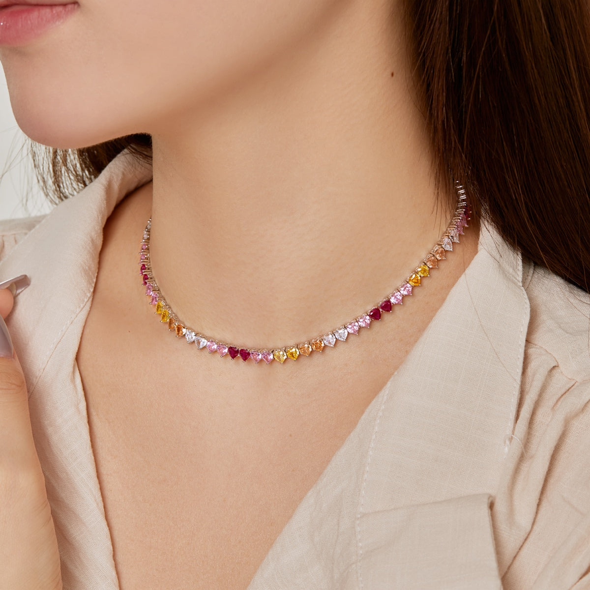 [Amore]Sparkling Colorful Full Heart Tennis Necklace