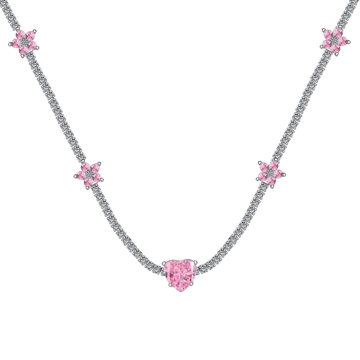 [Amore]Dazzling Pink Heart Flower Necklace