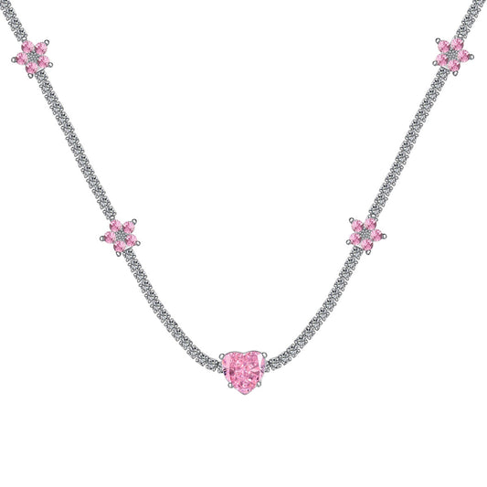 [Amore]Dazzling Pink Heart Flower Necklace