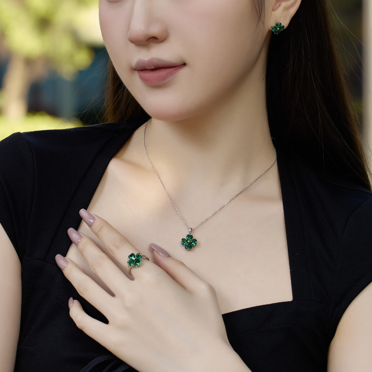 [Amore]Heart-shaped Four-Leaf Clover Ball Ring