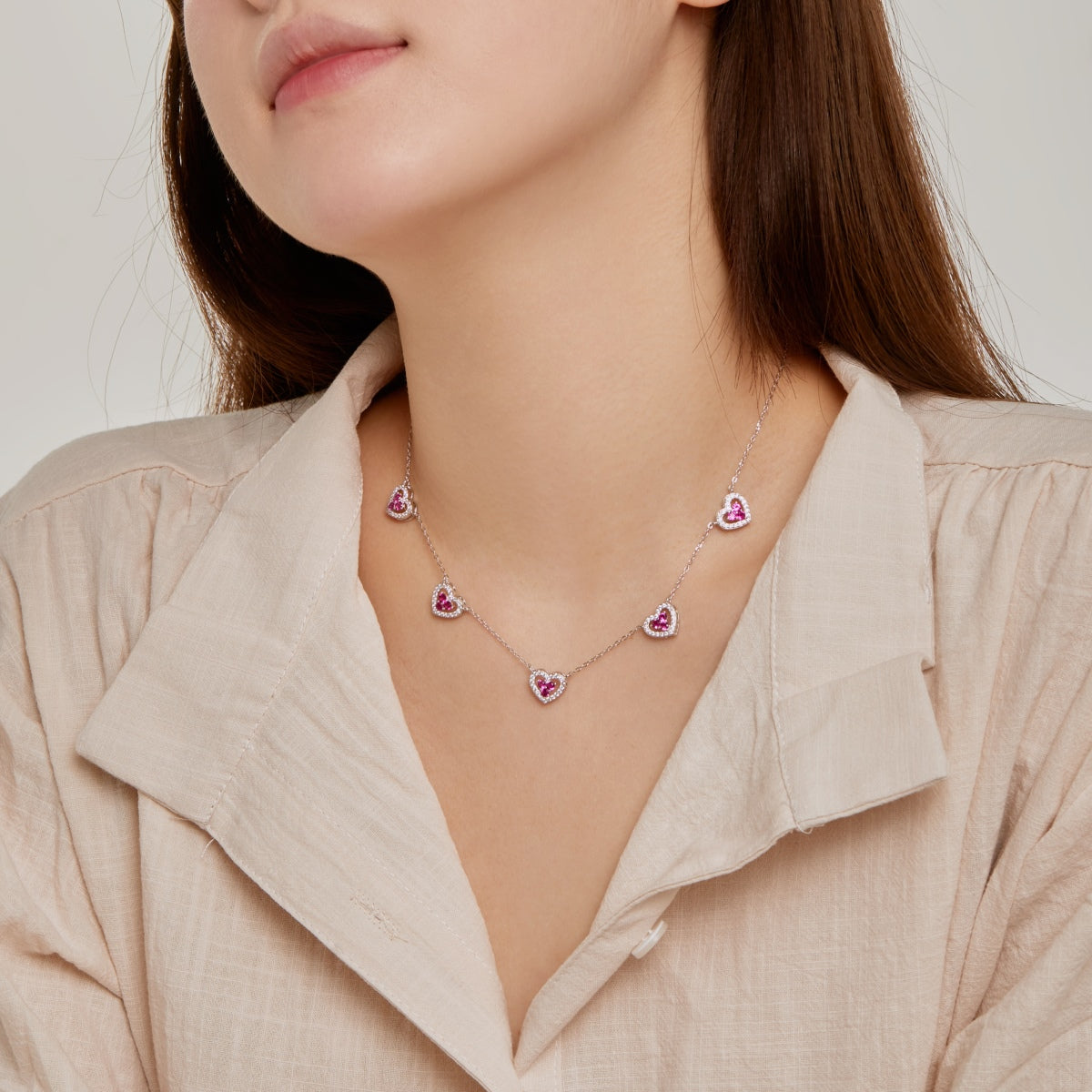 [Amore]Sparkling Five Heart Necklace
