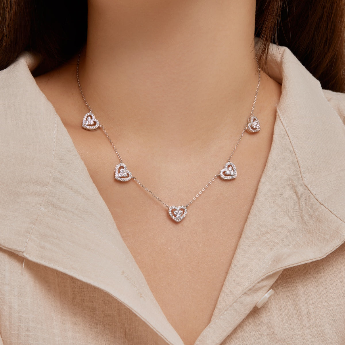[Amore]Sparkling Five Heart Necklace