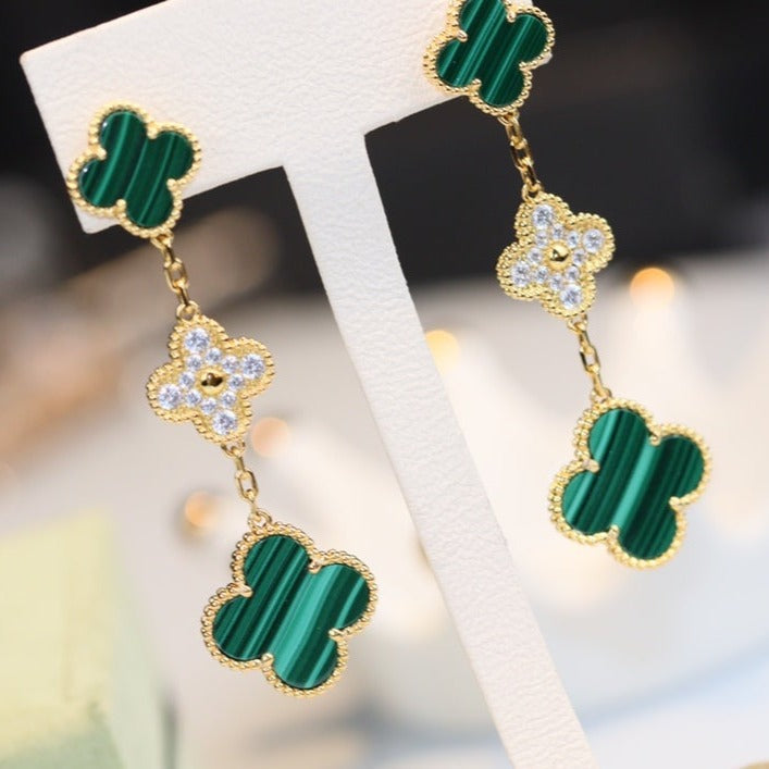 [Amore]CLOVER EARRINGS GOLD MALACHITE DIAMOND 3 MOTIF