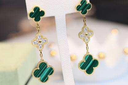 [Amore]CLOVER EARRINGS GOLD MALACHITE DIAMOND 3 MOTIF