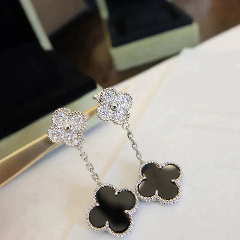 [Amore]CLOVER 2 MOTIFS  DIAMOND ONYX EARRINGS SILVER