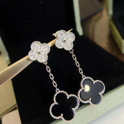 [Amore]CLOVER 2 MOTIFS  DIAMOND ONYX EARRINGS SILVER