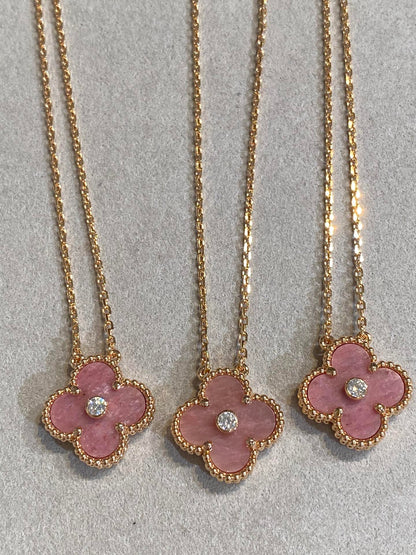 [Amore]CLOVER 15MM DIAMOND RHODONITE NECKLACE