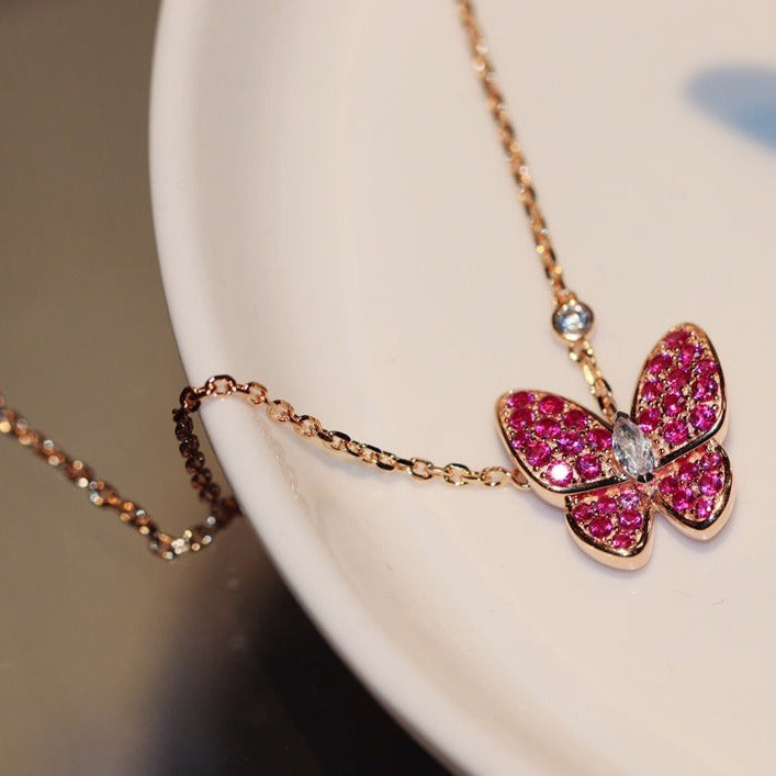 [Amore]BUTTERFLY RED DIAMOND ROSE GOLD NECKLACE