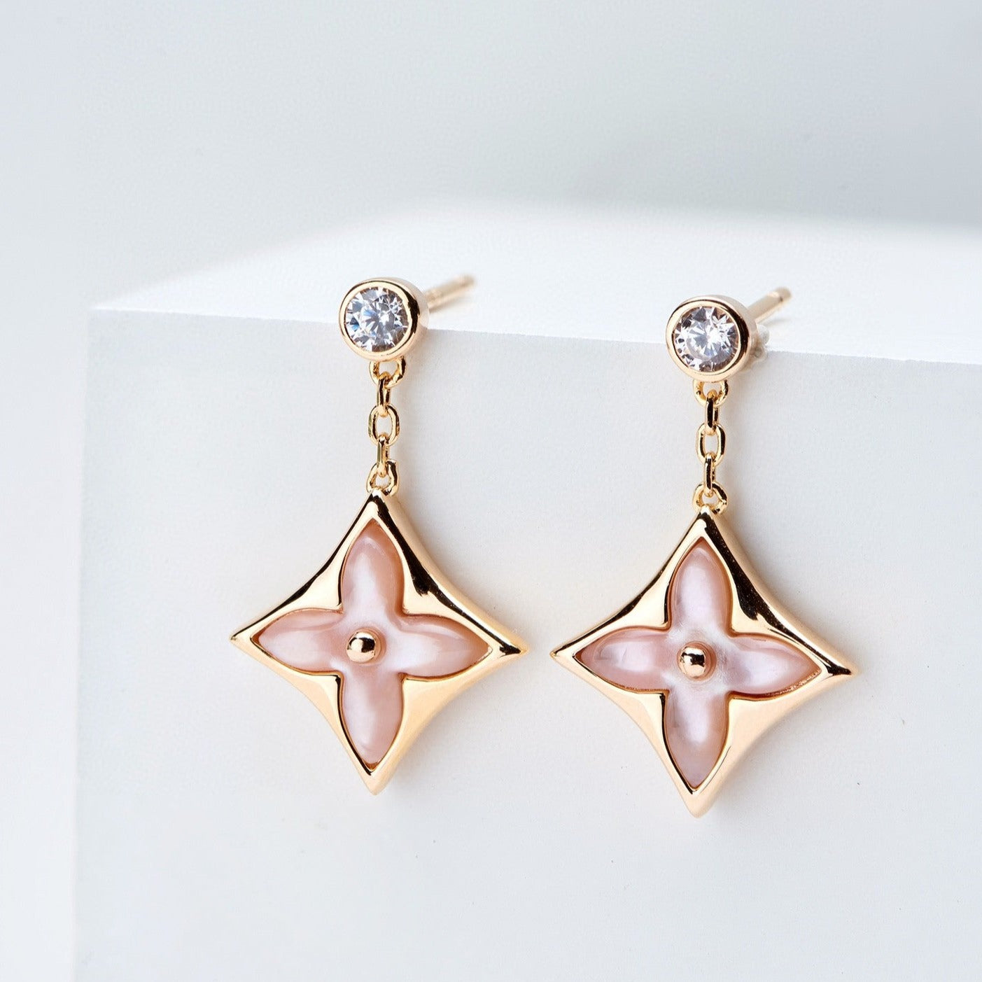 [Amore]DOUBLE STAR PINK GOLD MOP DROP EARRINGS