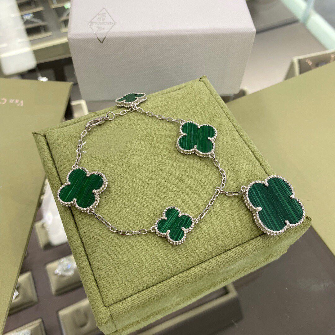 [Amore]CLOVER 5 MOTIFS SIVLER MALACHITE BRACELET