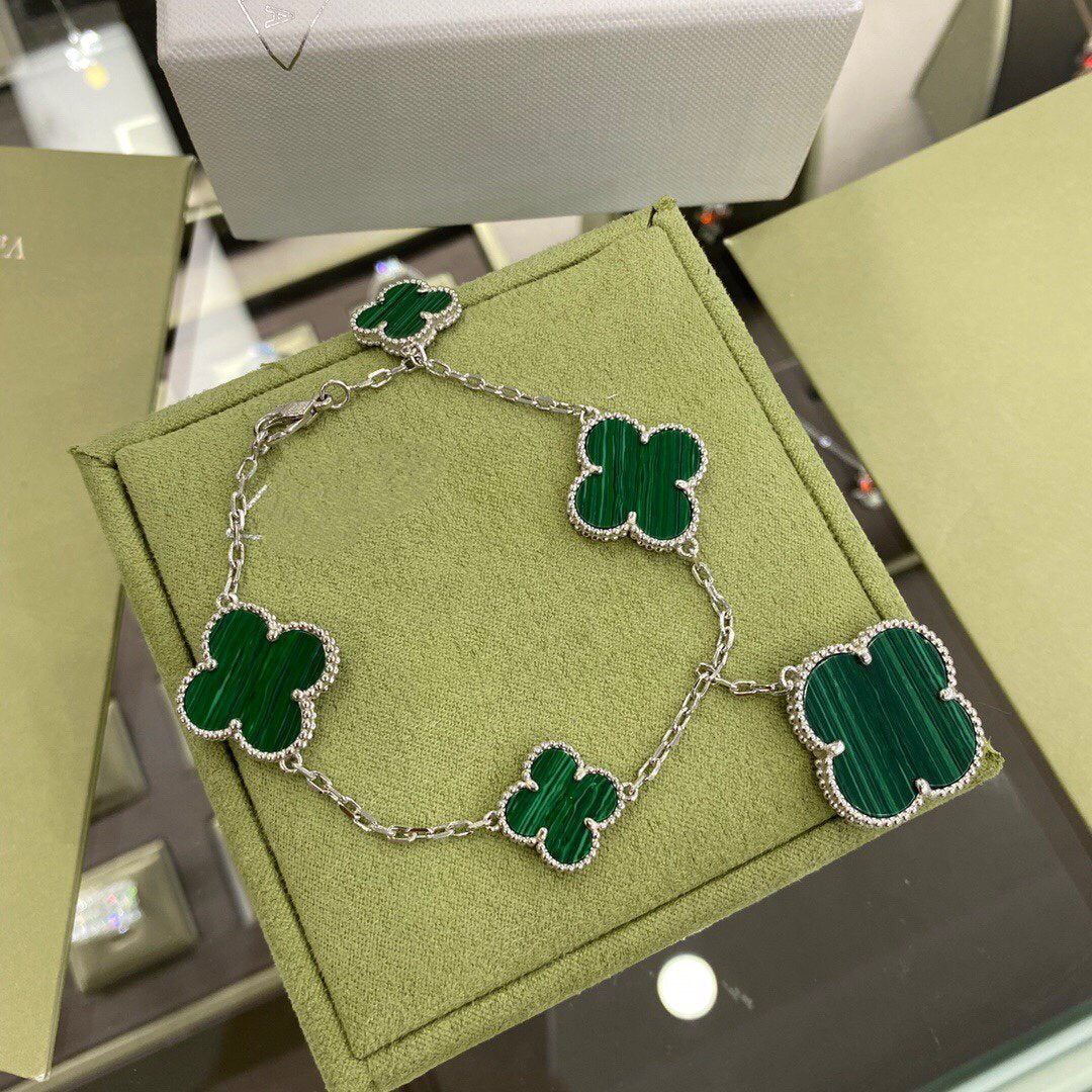 [Amore]CLOVER 5 MOTIFS SIVLER MALACHITE BRACELET