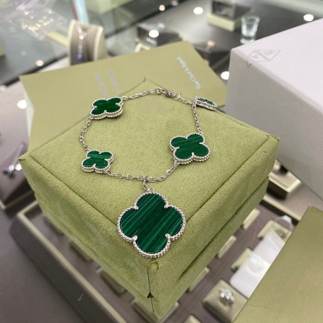 [Amore]CLOVER 5 MOTIFS SIVLER MALACHITE BRACELET