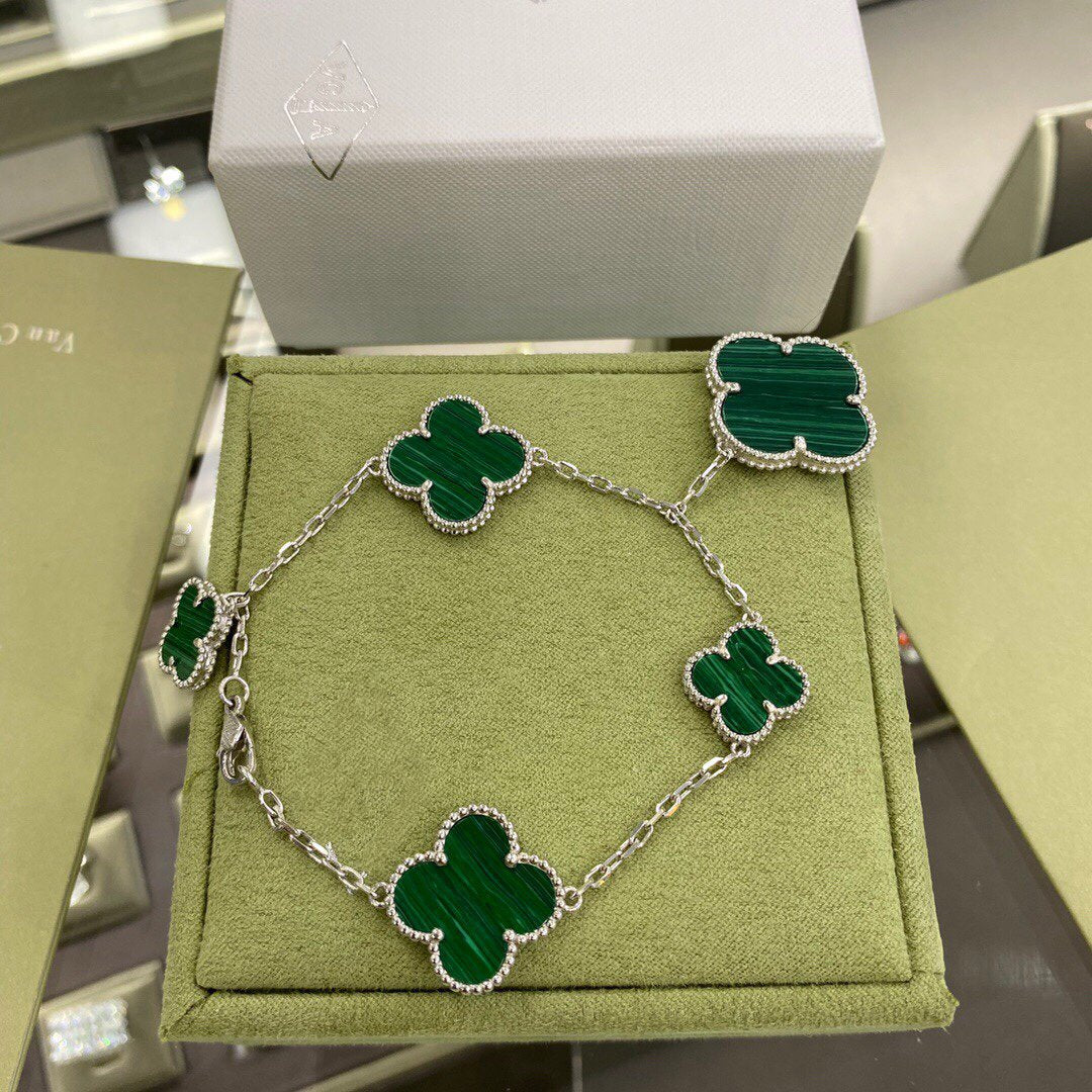 [Amore]CLOVER 5 MOTIFS SIVLER MALACHITE BRACELET