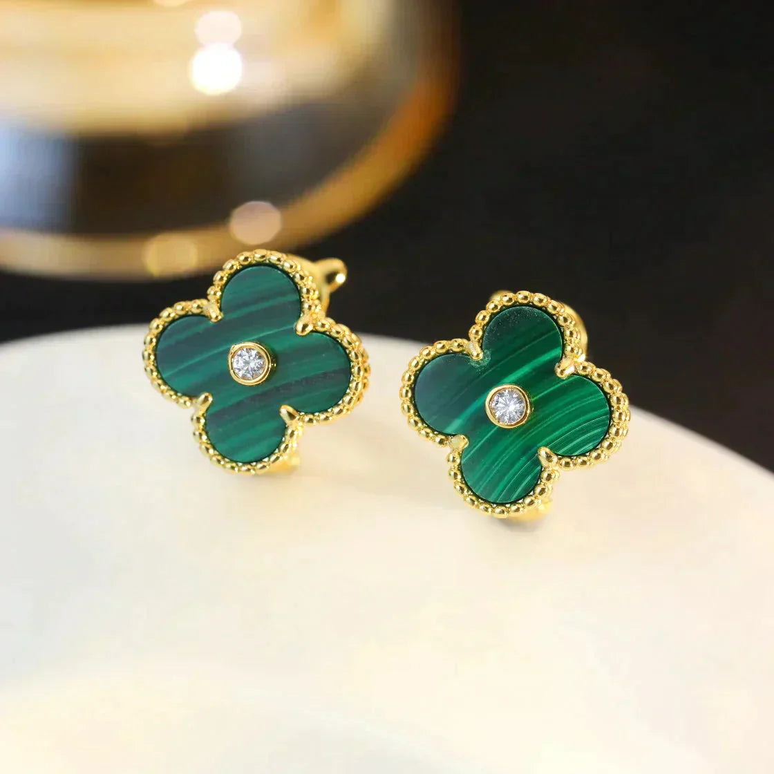 [Amore]CLOVER MEDIUM 1 MOTIFS MALACHITE DIAMOND EARRINGS