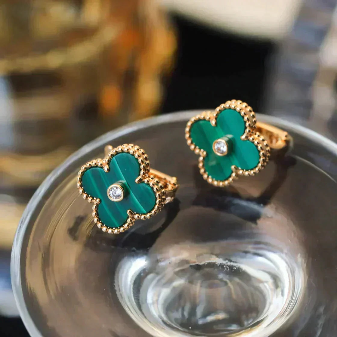 [Amore]CLOVER MEDIUM 1 MOTIFS MALACHITE DIAMOND EARRINGS