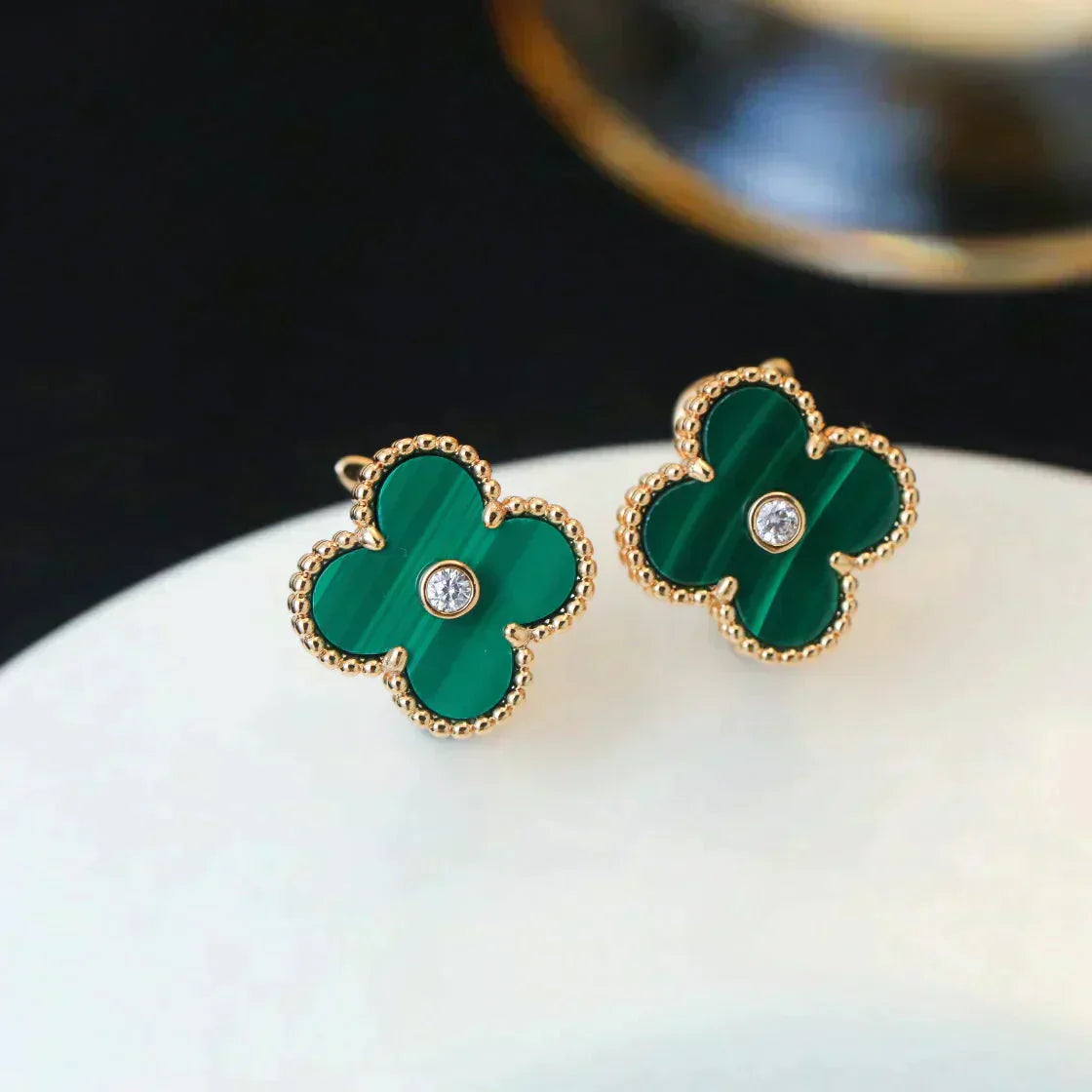 [Amore]CLOVER MEDIUM 1 MOTIFS MALACHITE DIAMOND EARRINGS