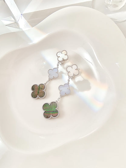[Amore]CLOVER 3 MOTIFS CHALCEDONY DARK MOP SILVER EARRINGS
