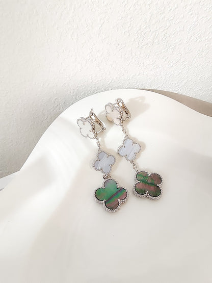 [Amore]CLOVER 3 MOTIFS CHALCEDONY DARK MOP SILVER EARRINGS