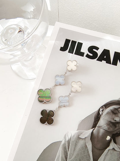 [Amore]CLOVER 3 MOTIFS CHALCEDONY DARK MOP SILVER EARRINGS