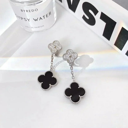 [Amore]CLOVER 2 MOTIFS  DIAMOND ONYX EARRINGS SILVER