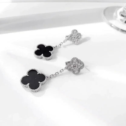 [Amore]CLOVER 2 MOTIFS  DIAMOND ONYX EARRINGS SILVER