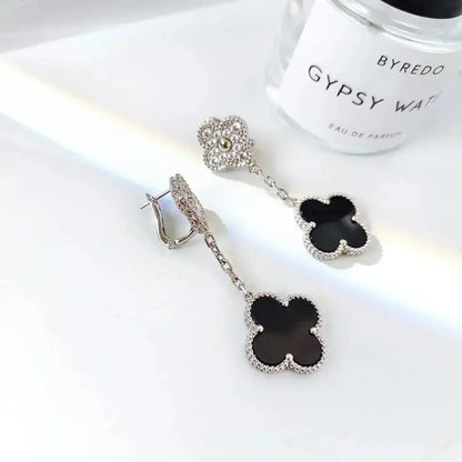 [Amore]CLOVER 2 MOTIFS  DIAMOND ONYX EARRINGS SILVER