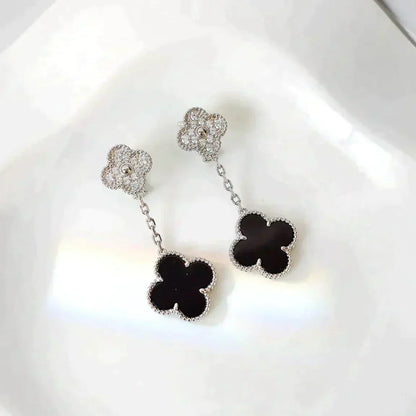 [Amore]CLOVER 2 MOTIFS  DIAMOND ONYX EARRINGS SILVER