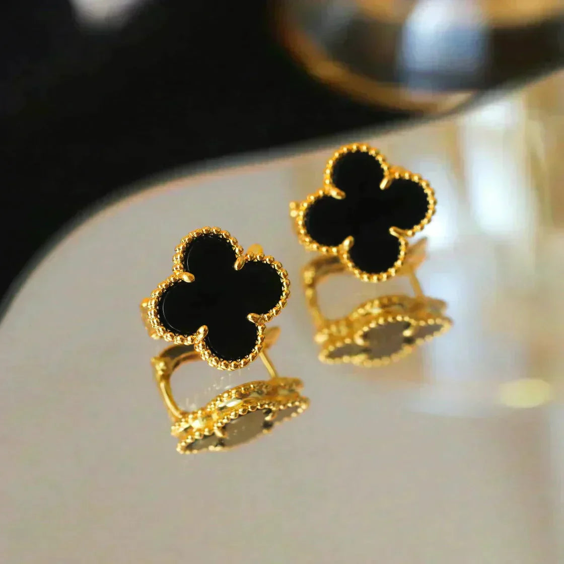 [Amore]CLOVER MEDIUM 1 MOTIFS  ONYX STUD EARRINGS