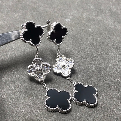 [Amore]CLOVER 3 MOTIF DIAMOND ONYX SILVER EARRINGS
