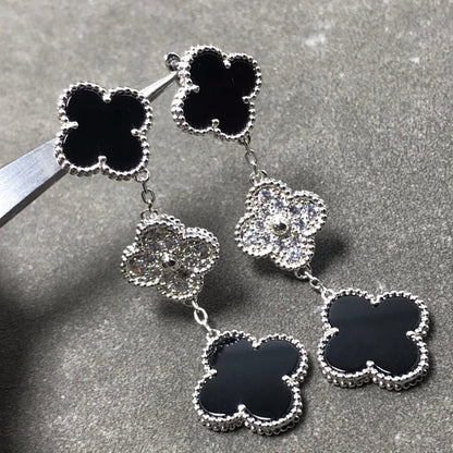 [Amore]CLOVER 3 MOTIF DIAMOND ONYX SILVER EARRINGS