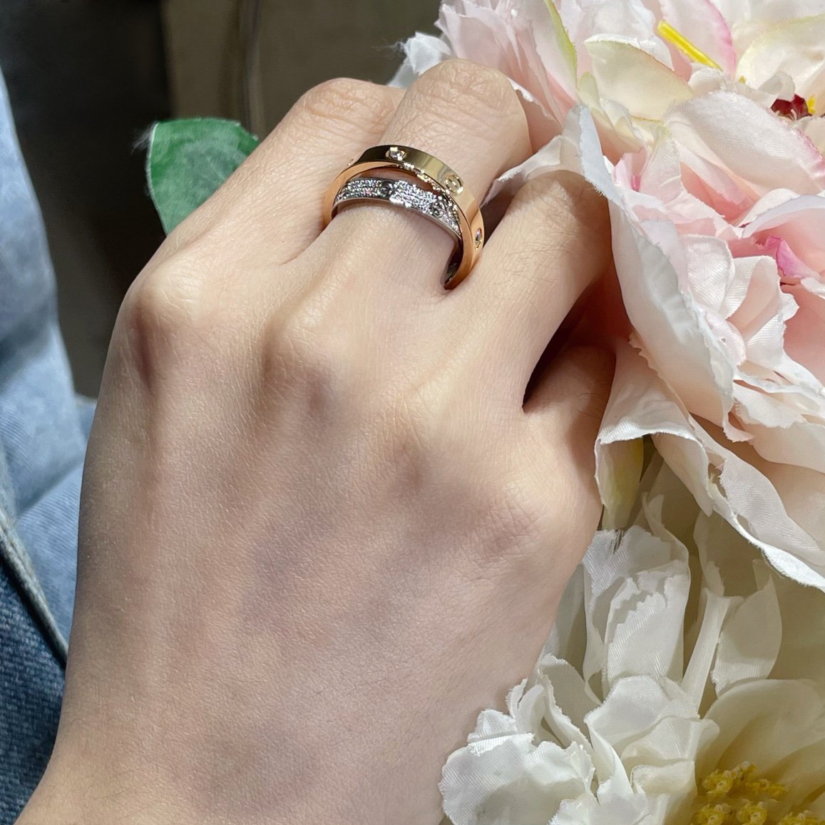 [Amore]LOVE PINK GOLD SILVER DIAMOND DOUBLE RING