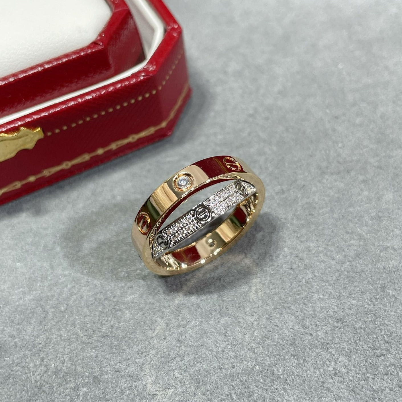 [Amore]LOVE PINK GOLD SILVER DIAMOND DOUBLE RING