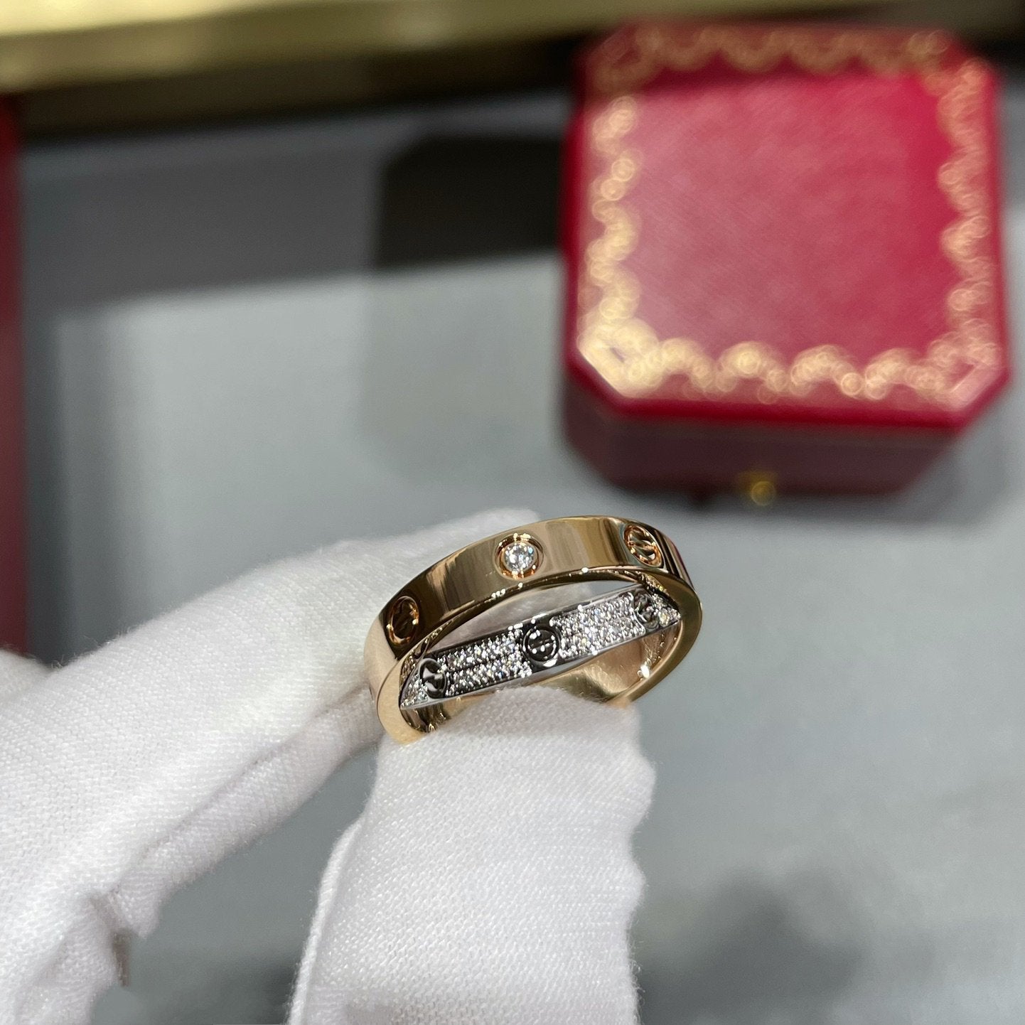 [Amore]LOVE PINK GOLD SILVER DIAMOND DOUBLE RING